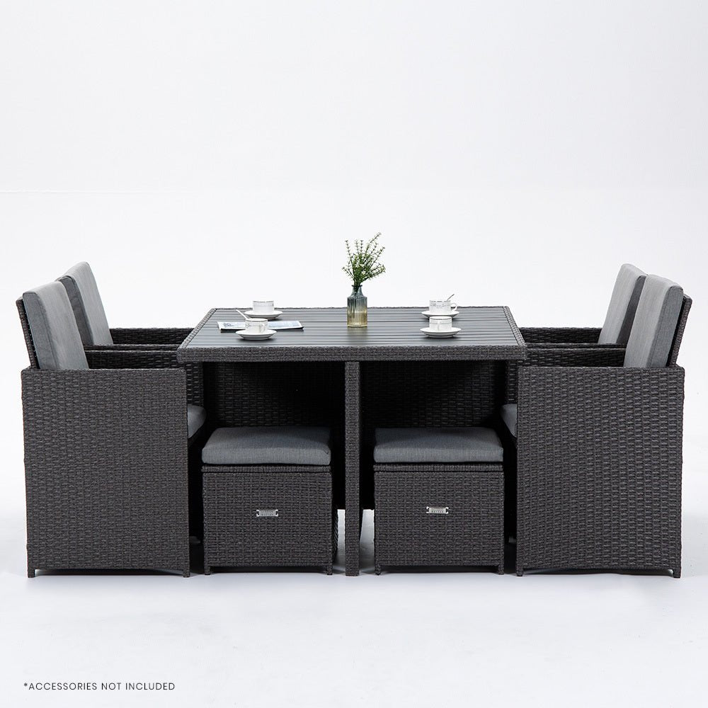 LONDON RATTAN Outdoor Dining Table 9 Piece Furniture Wicker Set, Grey - Outdoorium