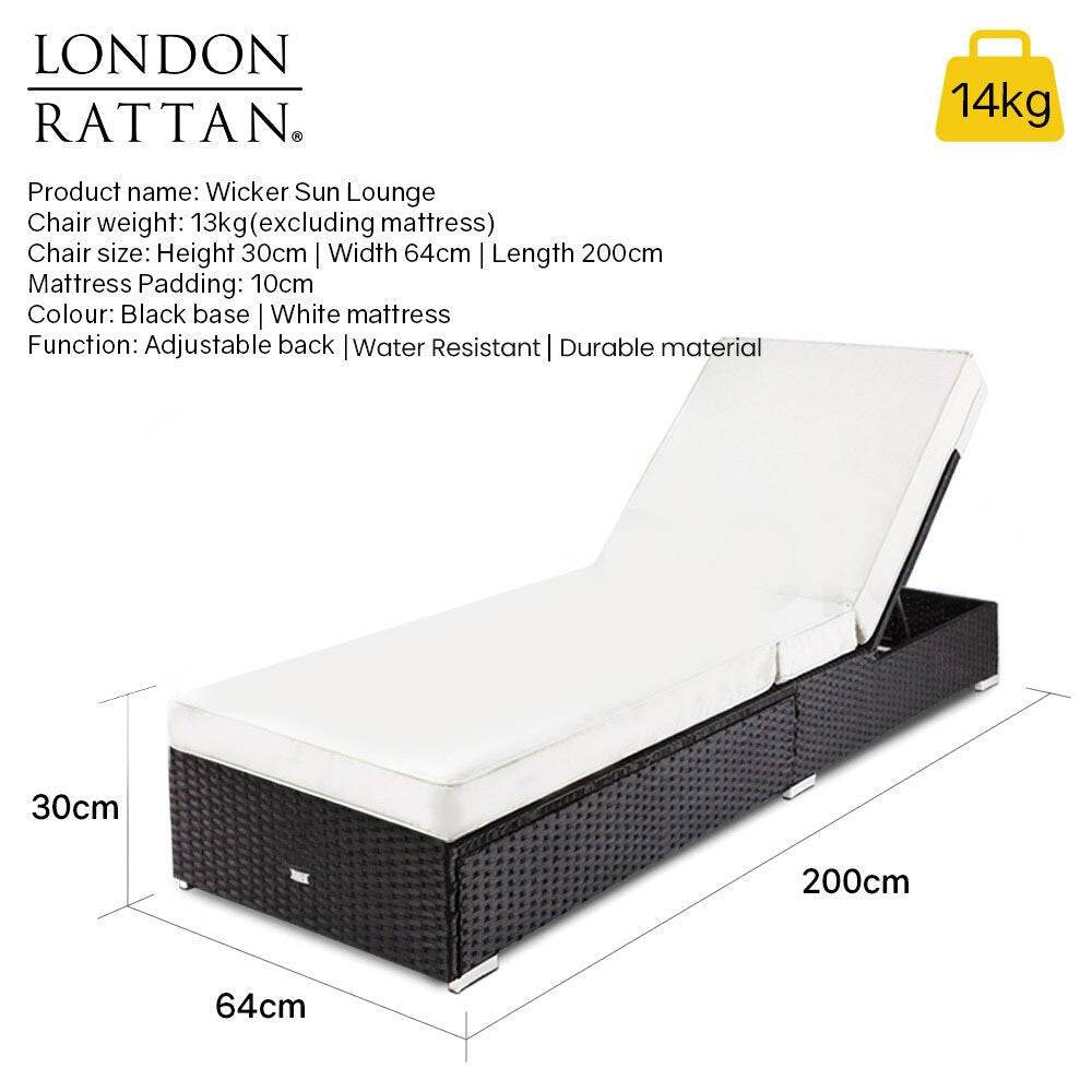 LONDON RATTAN Wicker Premium Outdoor Sun Lounge Pool Furniture Bed - Outdoorium