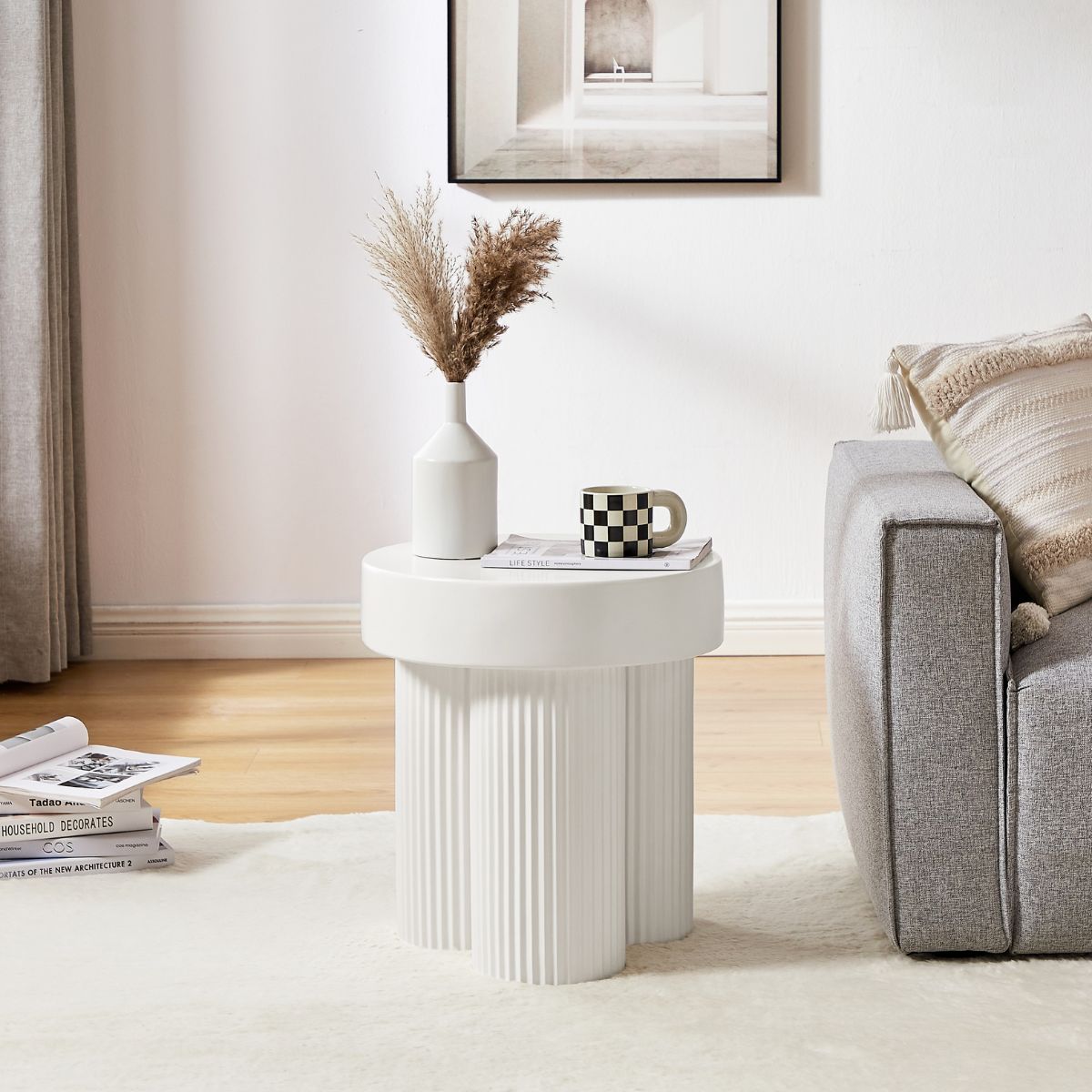 Maya Ribbed White Side Table - Outdoorium