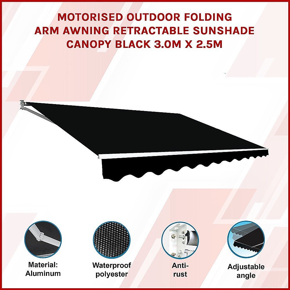 Motorised Outdoor Folding Arm Awning Retractable Sunshade Canopy Black 3.0m x 2.5m - Outdoorium