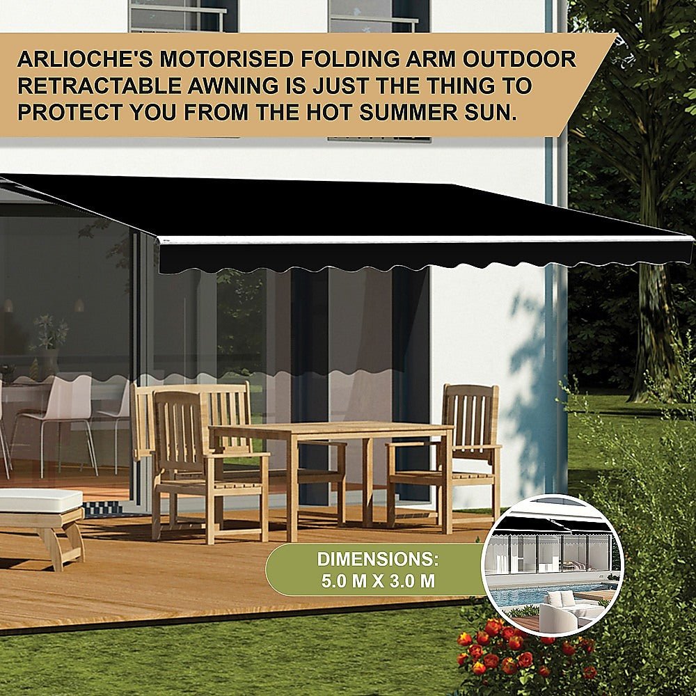 Motorised Outdoor Folding Arm Awning Retractable Sunshade Canopy Black 5.0m x 3.0m - Outdoorium