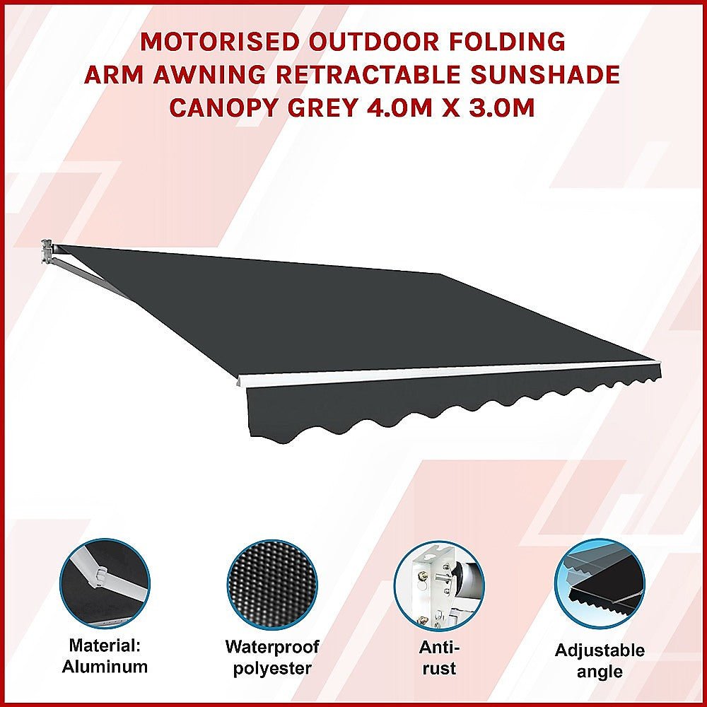 Motorised Outdoor Folding Arm Awning Retractable Sunshade Canopy Grey 4.0m x 3.0m - Outdoorium