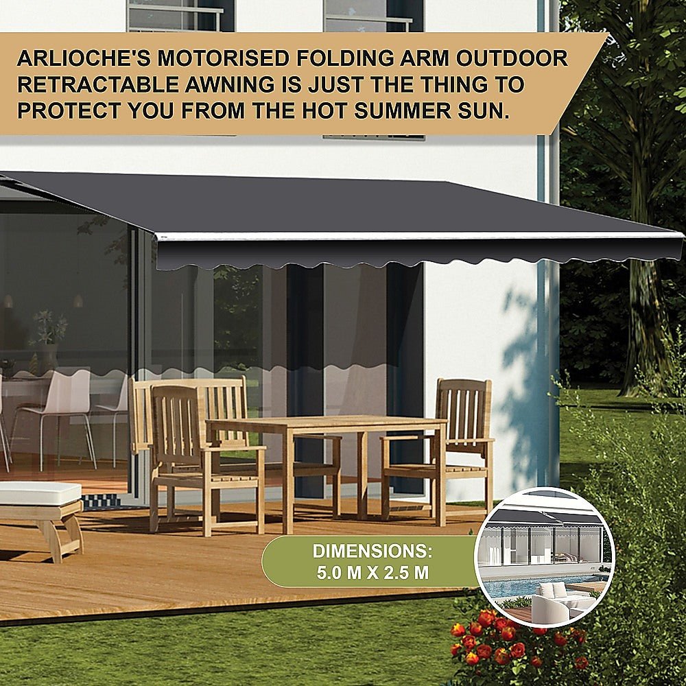 Motorised Outdoor Folding Arm Awning Retractable Sunshade Canopy Grey 5.0m x 2.5m - Outdoorium