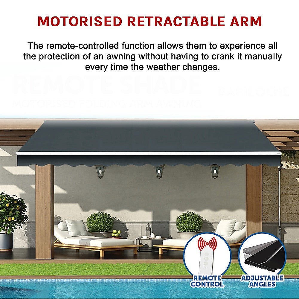 Motorised Outdoor Folding Arm Awning Retractable Sunshade Canopy Grey 5.0m x 3.0m - Outdoorium