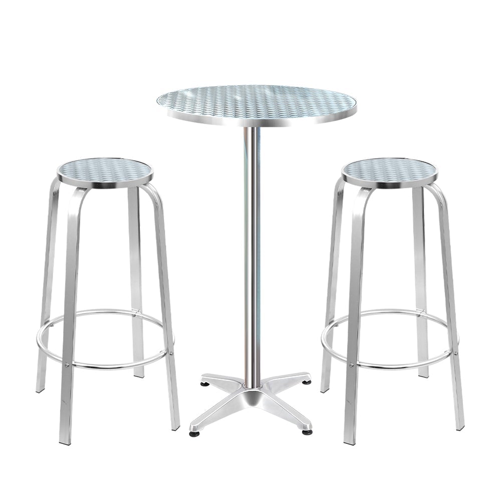 Outdoor Bistro Set Bar Table Stools Adjustable Aluminium Cafe 3PC Round - Outdoorium