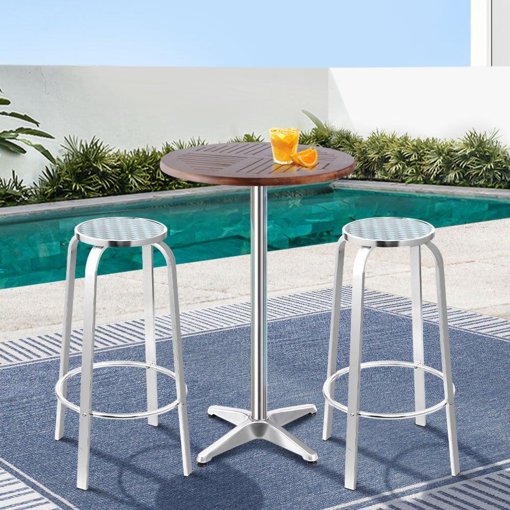 Outdoor Bistro Set Bar Table Stools Adjustable Aluminium Cafe 3PC Wood - Outdoorium