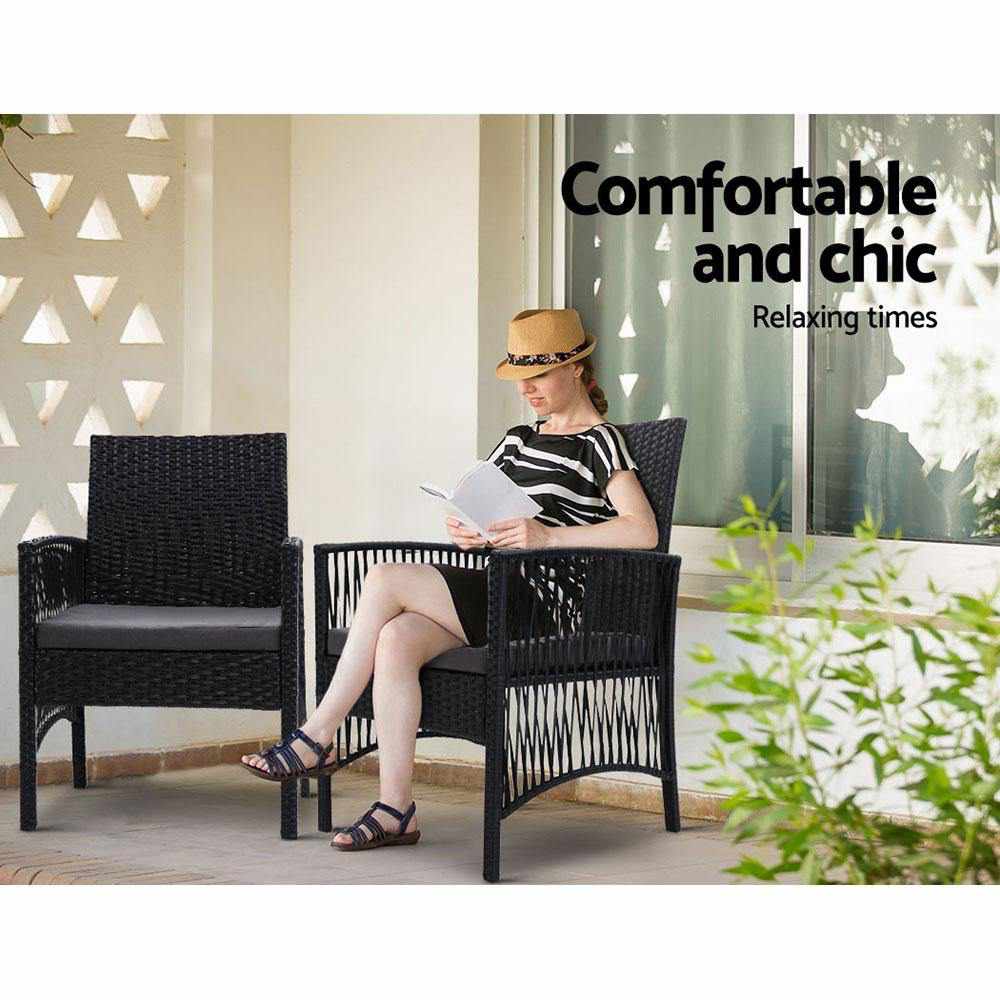 Outdoor Furniture Dining Chairs Rattan Garden Patio Cushion Black 3PCS Tea Coffee Cafe Bar Set - Outdoorium