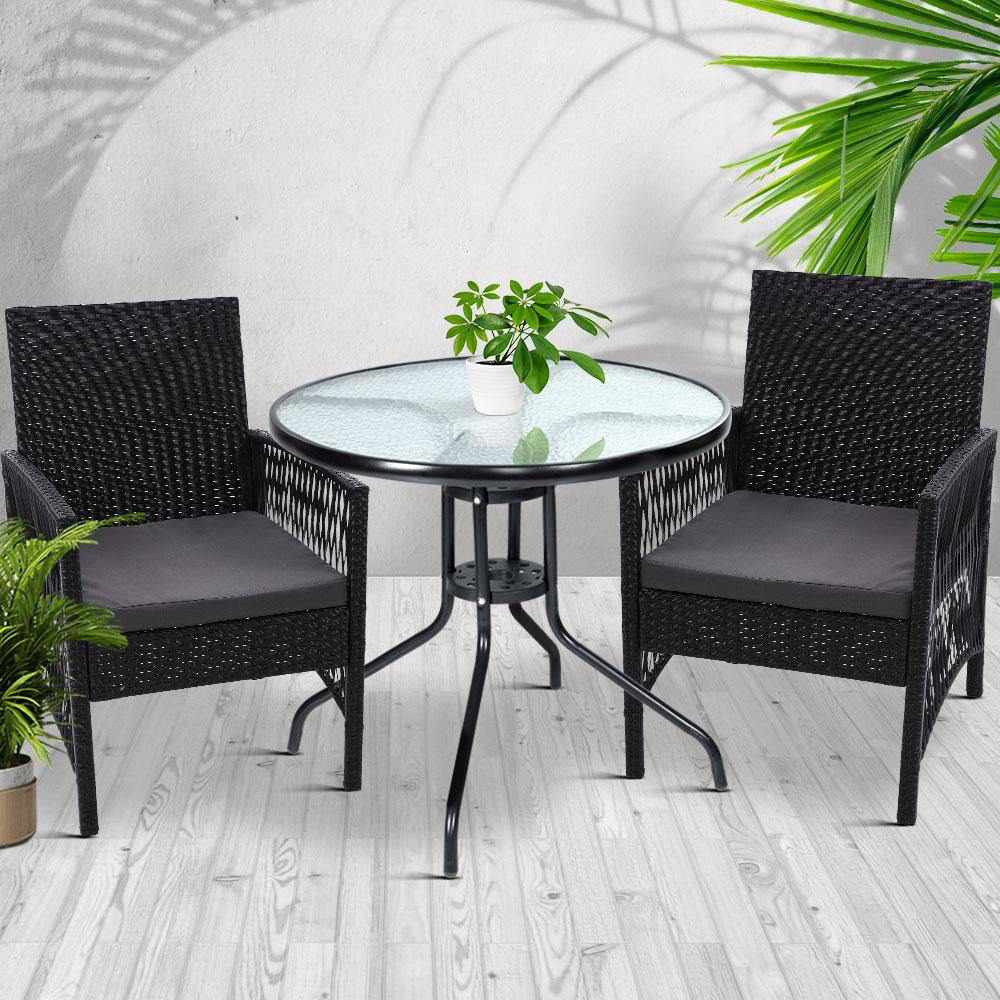 Outdoor Furniture Dining Chairs Rattan Garden Patio Cushion Black 3PCS Tea Coffee Cafe Bar Set - Outdoorium