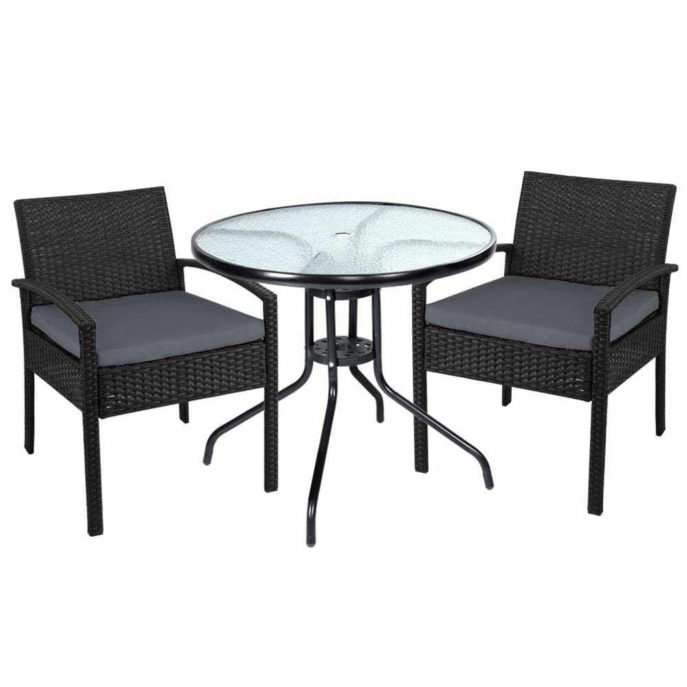 Outdoor Furniture Dining Chairs Wicker Garden Patio Cushion Black 3PCS Sofa Set Tea Coffee Cafe Bar Set - Outdoorium