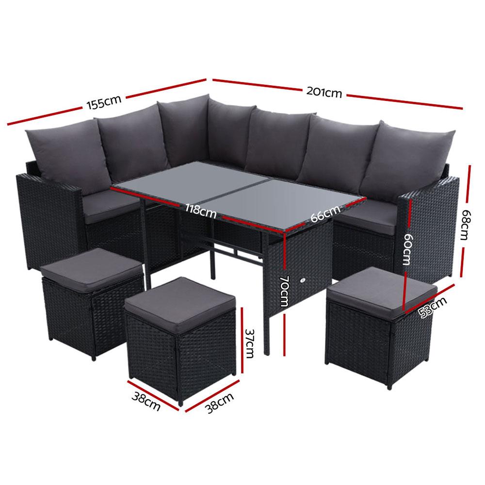 Outdoor Furniture Dining Setting Sofa Set Lounge Wicker 9 Seater Black - Outdoorium
