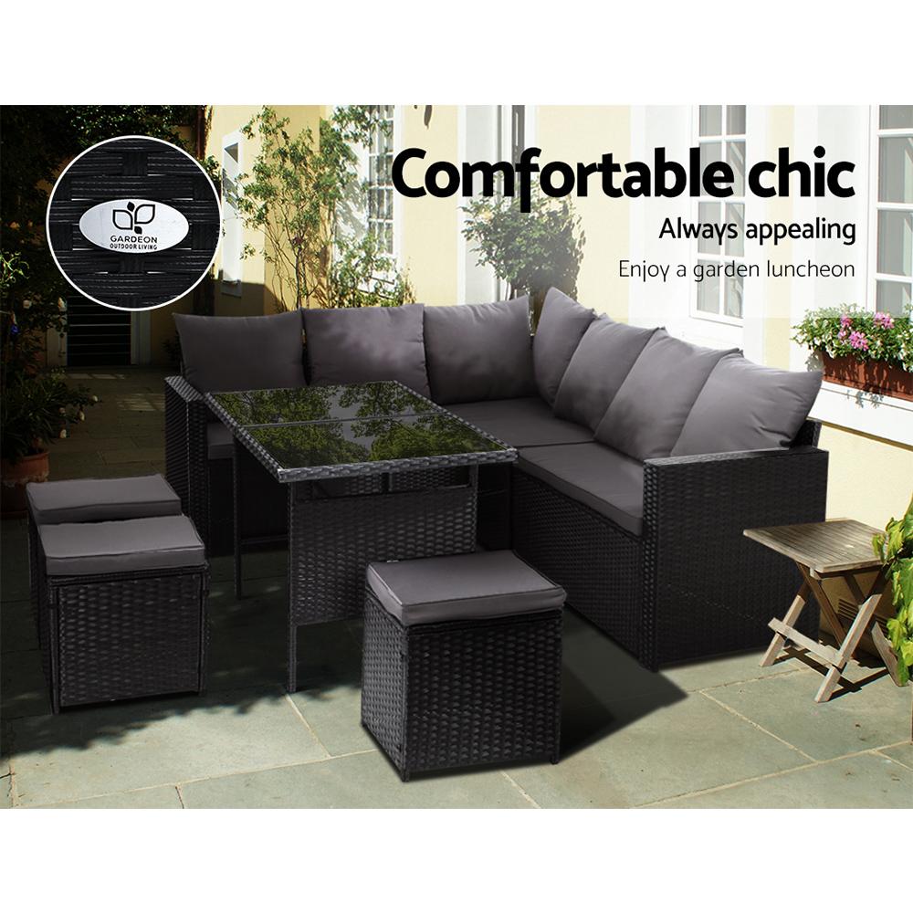 Outdoor Furniture Dining Setting Sofa Set Lounge Wicker 9 Seater Black - Outdoorium