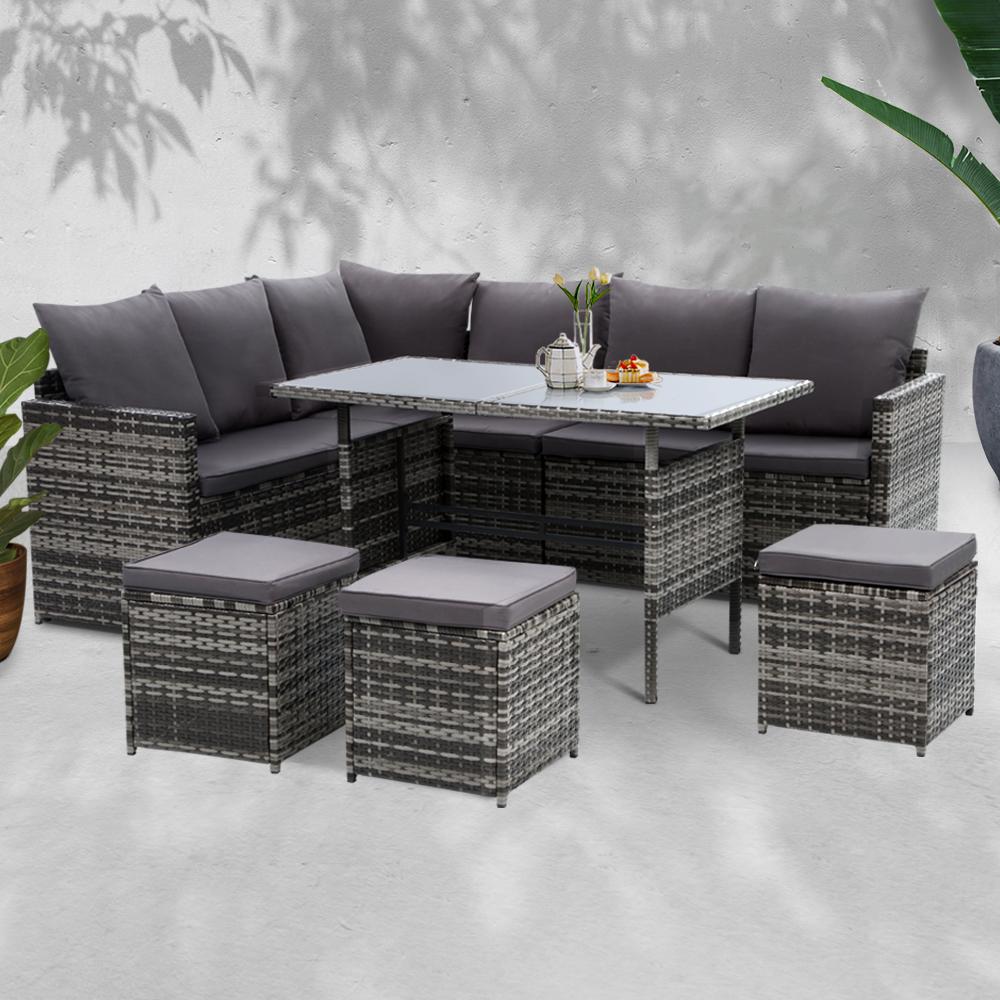 Outdoor Furniture Dining Setting Sofa Set Lounge Wicker 9 Seater Mixed Grey - Outdoorium