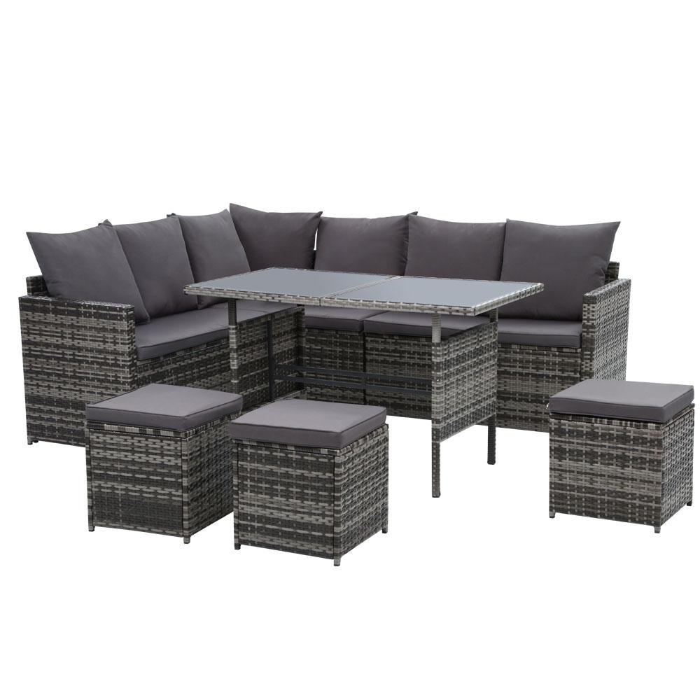 Outdoor Furniture Dining Setting Sofa Set Lounge Wicker 9 Seater Mixed Grey - Outdoorium