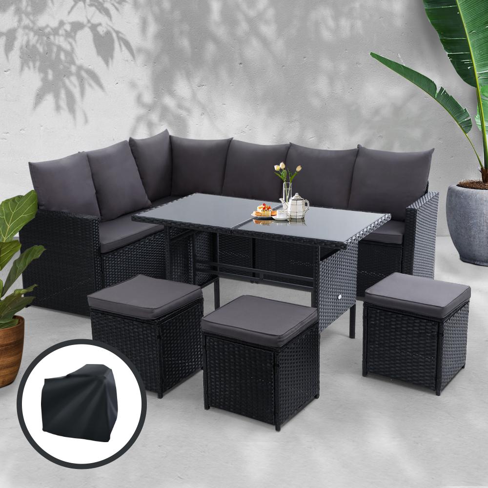 Outdoor Furniture Dining Setting Sofa Set Wicker 9 Seater Storage Cover Black - Outdoorium