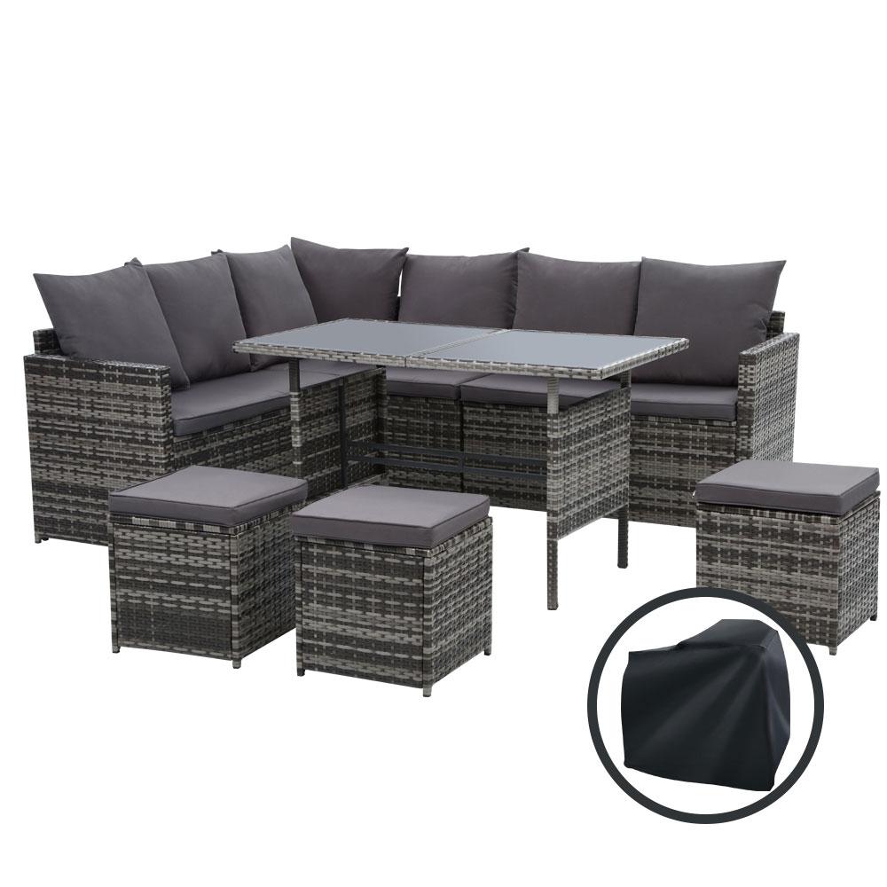 Outdoor Furniture Dining Setting Sofa Set Wicker 9 Seater Storage Cover Mixed Grey - Outdoorium