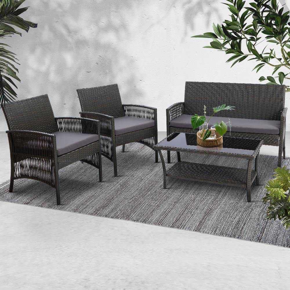 Gardeon 4 PCS Outdoor Furniture Lounge Setting Wicker Dining Set Grey - Outdoorium