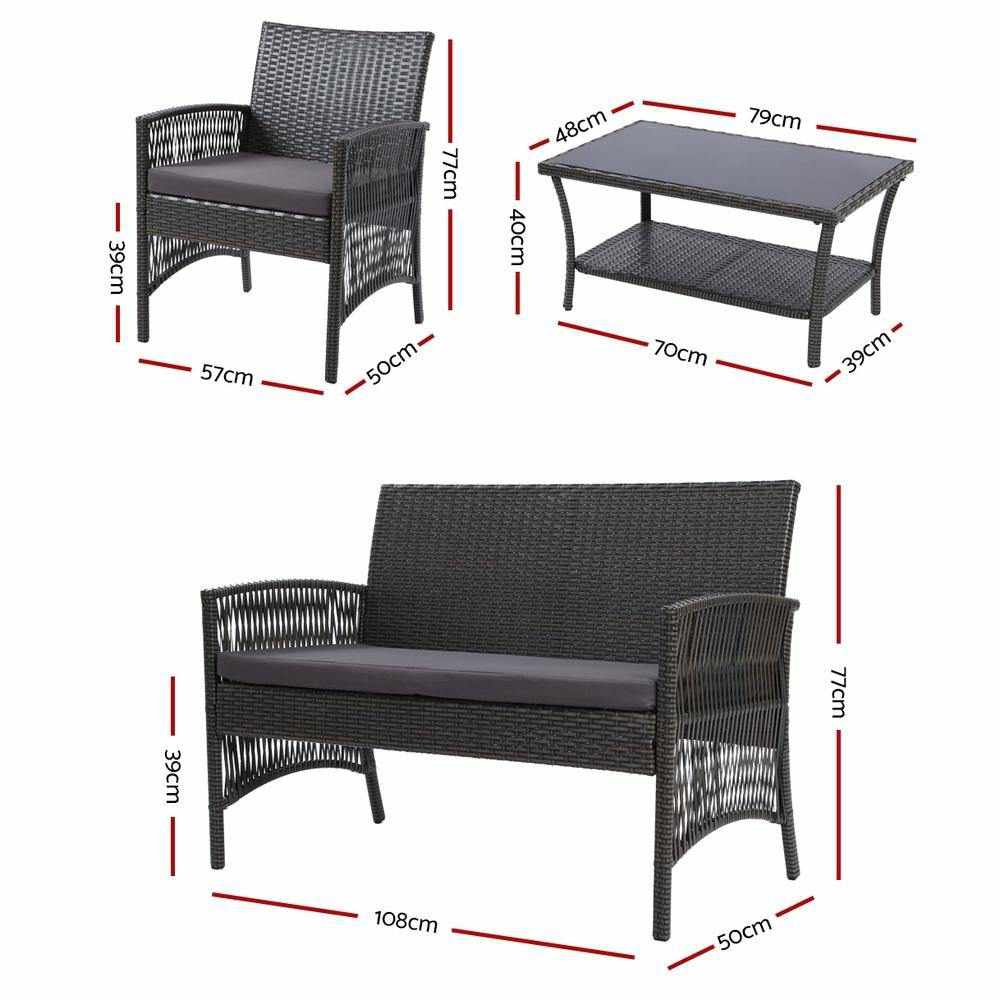 Gardeon 4 PCS Outdoor Furniture Lounge Setting Wicker Dining Set Grey - Outdoorium