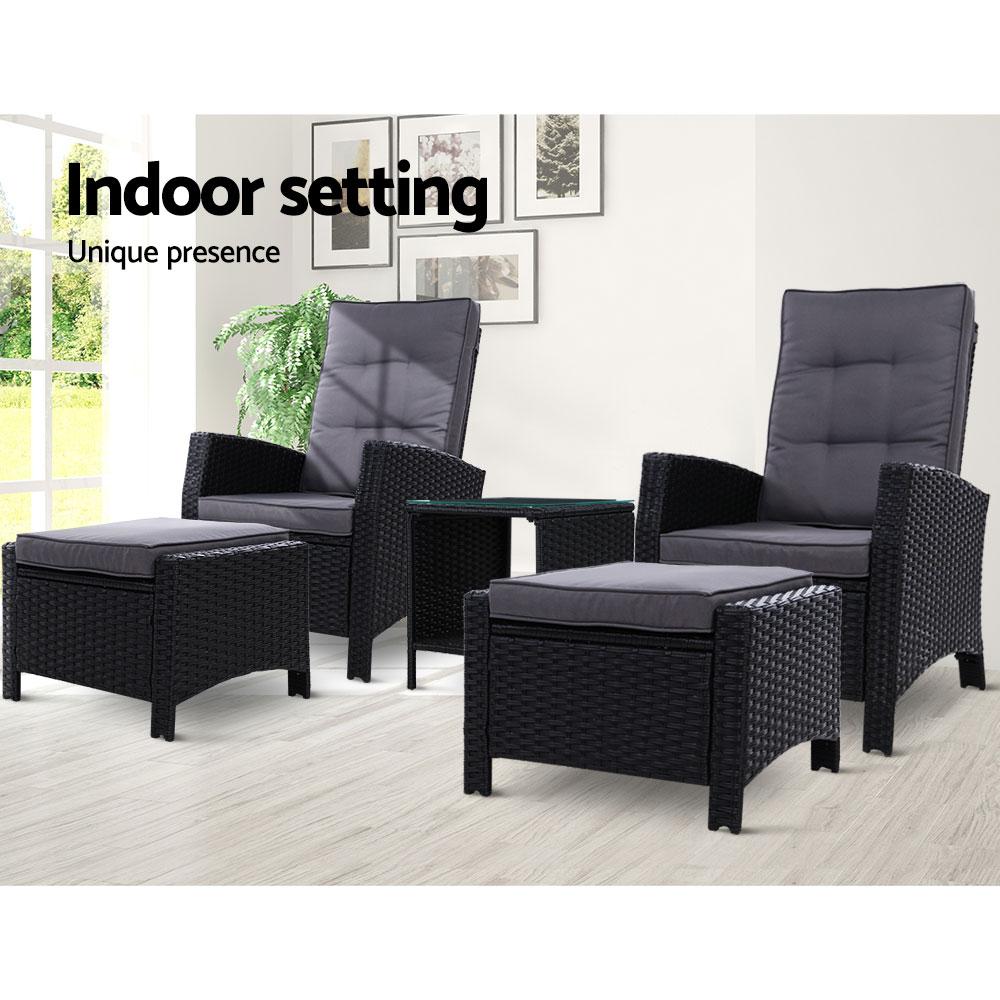 Outdoor Patio Furniture Recliner Chairs Table Setting Wicker Lounge 5pc Black - Outdoorium