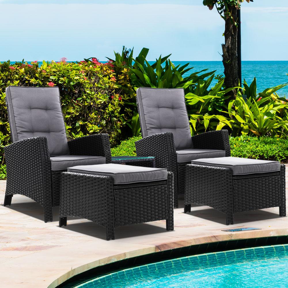 Outdoor Patio Furniture Recliner Chairs Table Setting Wicker Lounge 5pc Black - Outdoorium