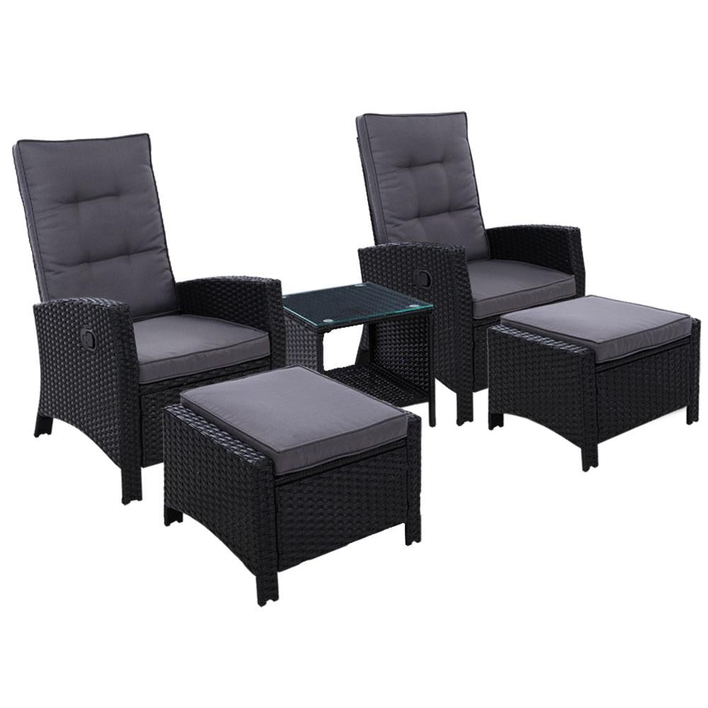 Outdoor Patio Furniture Recliner Chairs Table Setting Wicker Lounge 5pc Black - Outdoorium