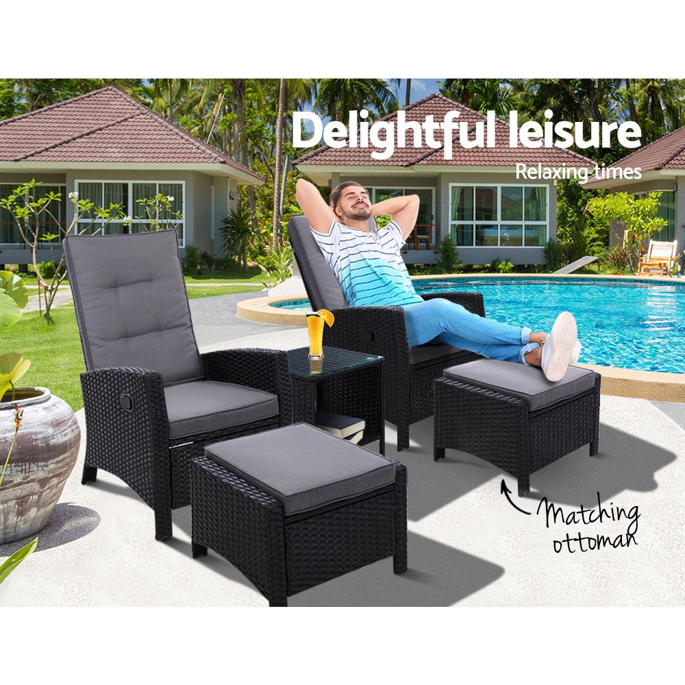 Outdoor Patio Furniture Recliner Chairs Table Setting Wicker Lounge 5pc Black - Outdoorium