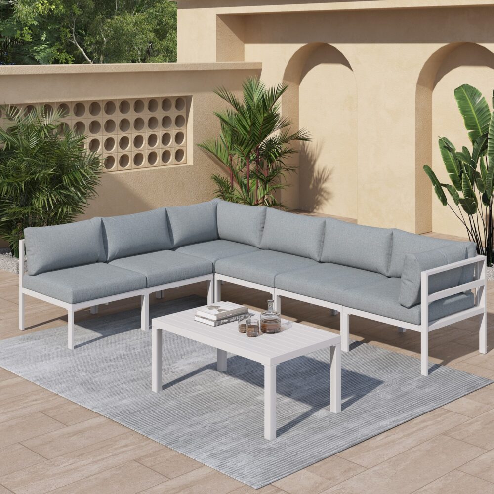 Outdoor White Modern 7 Piece Lounge Set - Outdoorium