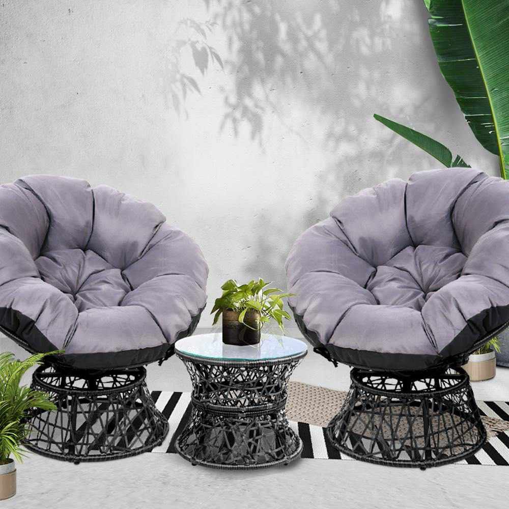 Gardeon Outdoor Lounge Setting Papasan Chairs Table Patio Furniture Wicker Black - Outdoorium