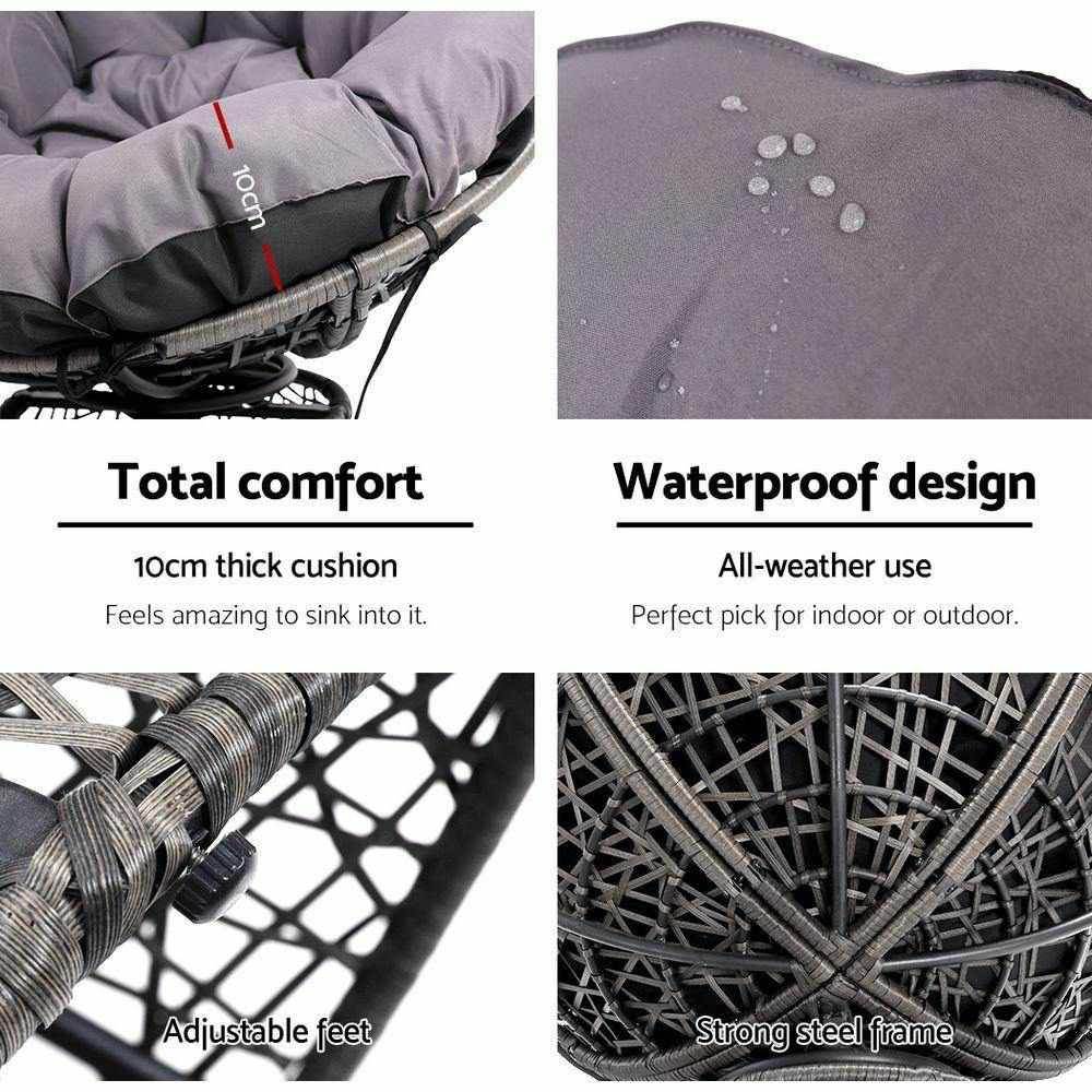 Gardeon Outdoor Lounge Setting Furniture Wicker Papasan Chairs Table Patio Grey - Outdoorium