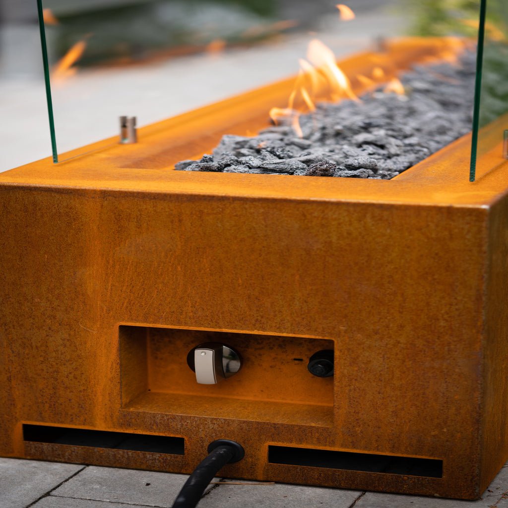 Planika Galio Corten Outdoor Gas Fireplace Manual Series with Glass Fender - Outdoorium
