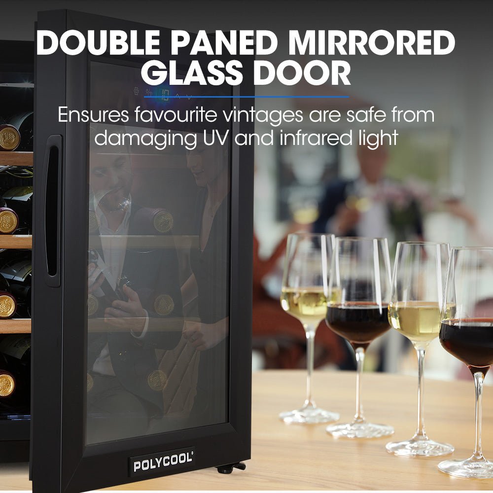 POLYCOOL 33L 12 Bottle Wine Bar Fridge Countertop Cooler Compressor Mirrored Glass Door, Black - Outdoorium