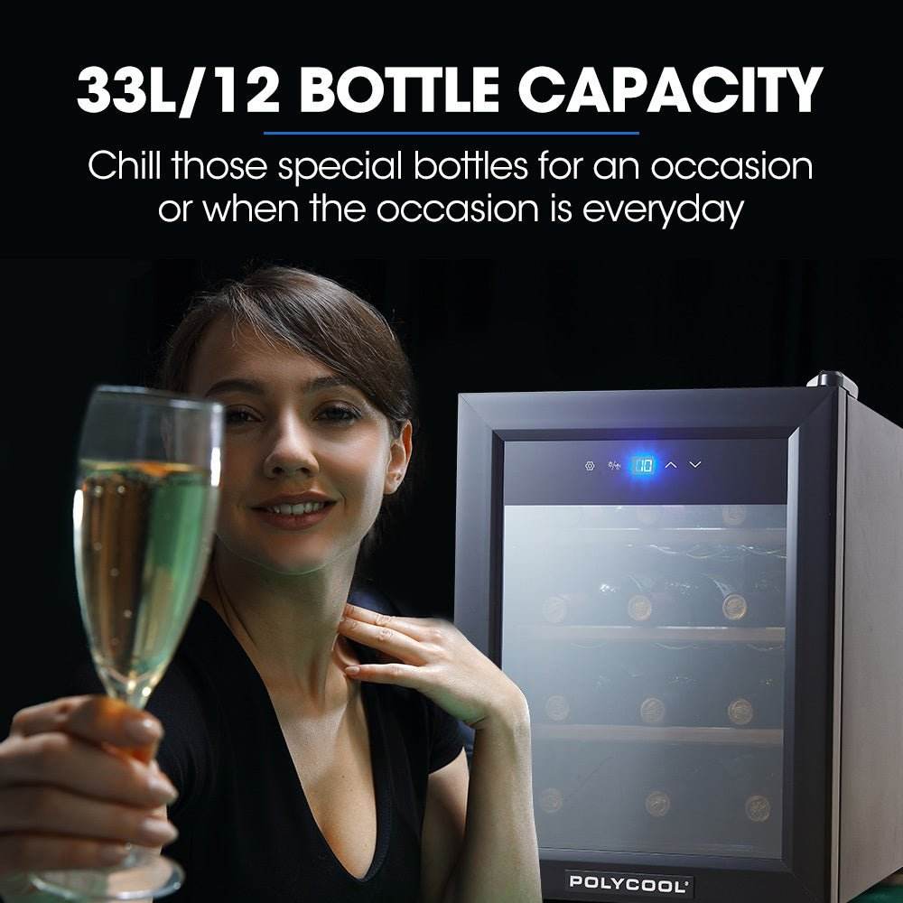 POLYCOOL 33L 12 Bottle Wine Bar Fridge Countertop Cooler Compressor Mirrored Glass Door, Black - Outdoorium
