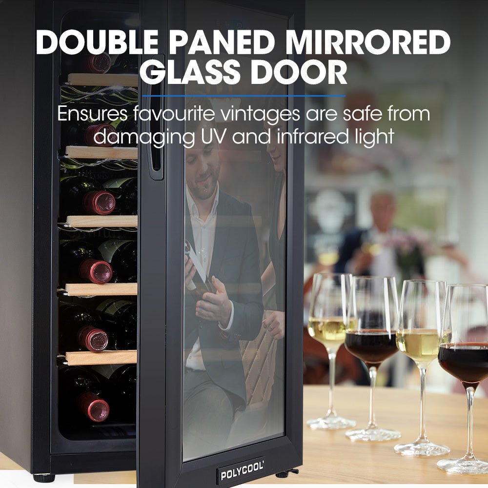POLYCOOL 47L 18 Bottle Wine Bar Fridge Countertop Cooler Compressor Mirrored Glass Door, Black - Outdoorium
