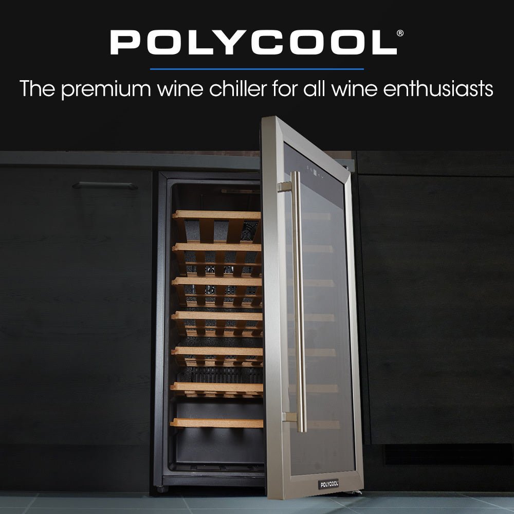 POLYCOOL 51 Bottle Wine Bar Fridge, Under Bench, Glass Door W ...