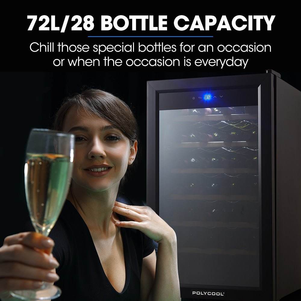 POLYCOOL 72L 28 Bottle Wine Bar Fridge Countertop Cooler Compressor Mirrored Glass Door, Black - Outdoorium