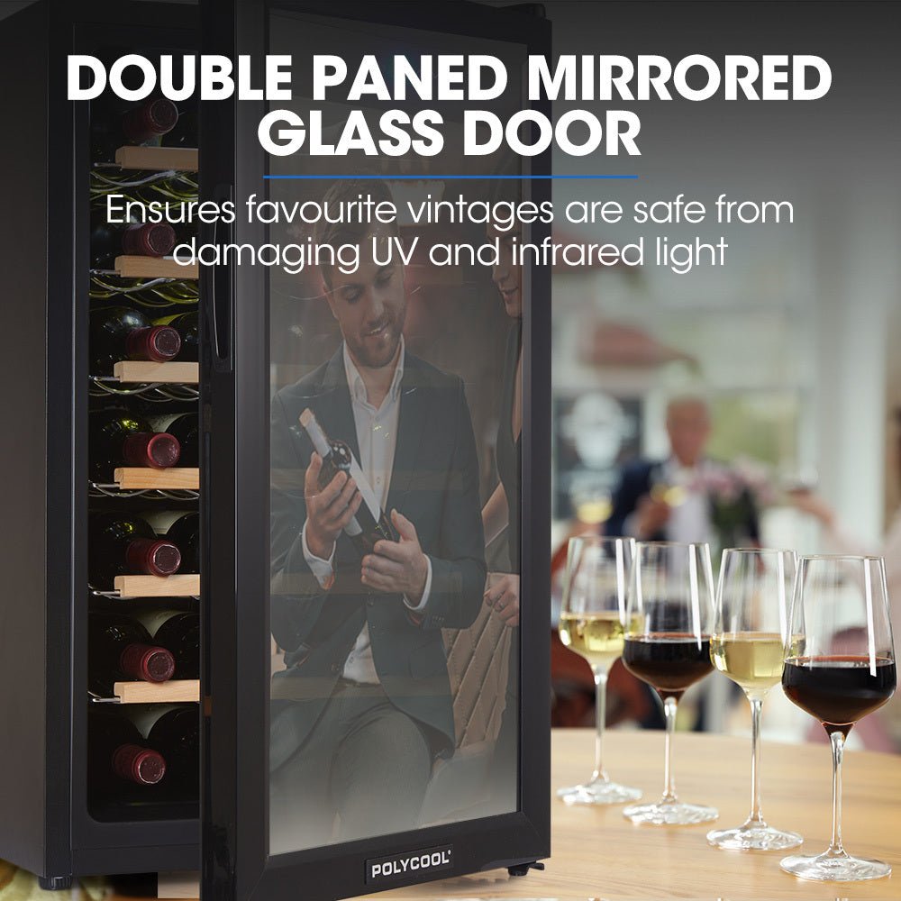 POLYCOOL 72L 28 Bottle Wine Bar Fridge Countertop Cooler Compressor Mirrored Glass Door, Black - Outdoorium