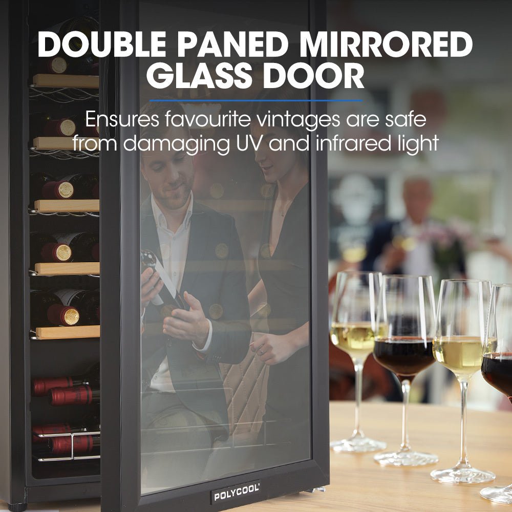 POLYCOOL 95L 34 Bottle Wine Bar Fridge Underbench Cooler Compressor Glass Door, Black - Outdoorium