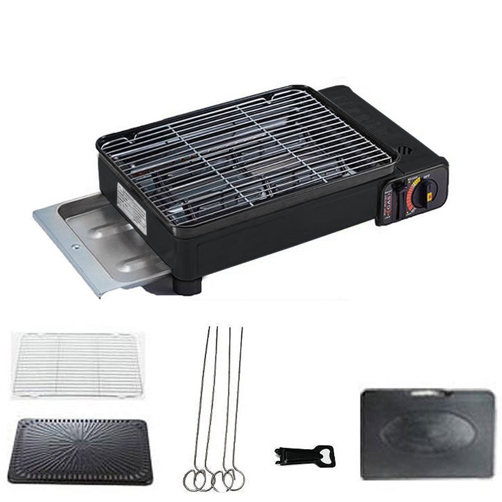 Portable Gas Stove Burner Butane BBQ Camping Gas Cooker With Non Stick Plate Black without Fish Pan and Lid - Outdoorium