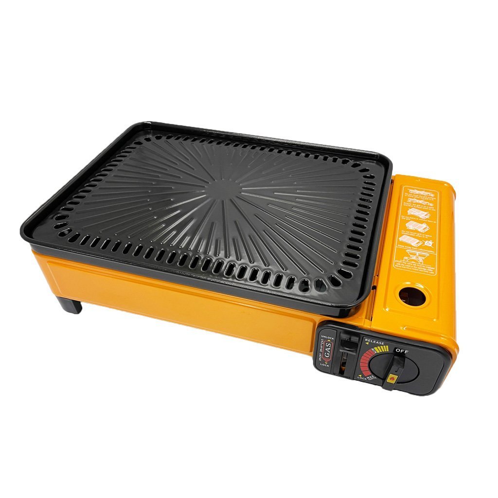 Portable Gas Stove Burner Butane BBQ Camping Gas Cooker With Non Stick Plate Orange with Fish Pan and Lid - Outdoorium