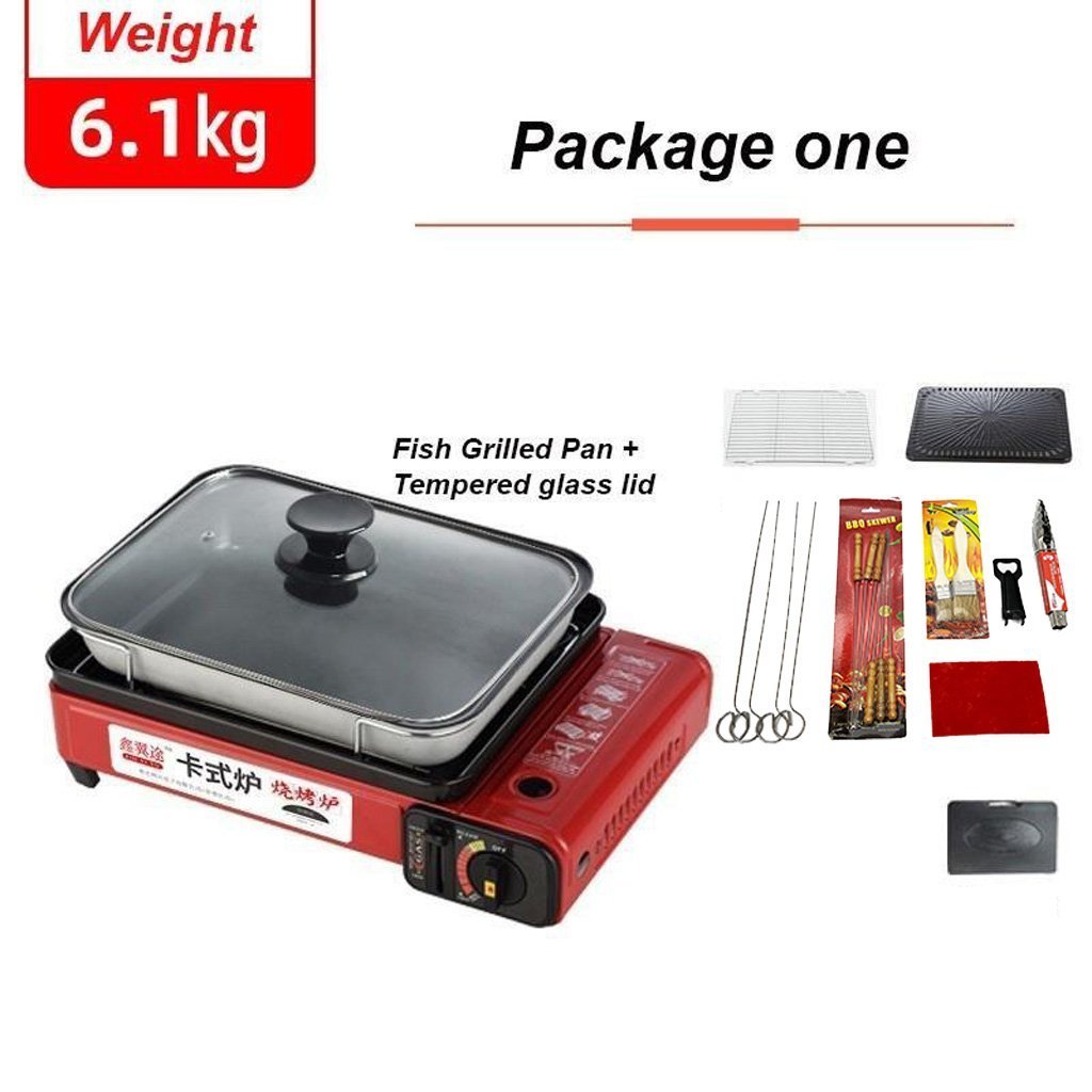 Portable Gas Stove Burner Butane BBQ Camping Gas Cooker With Non Stick Plate Red with Fish Pan and Lid - Outdoorium