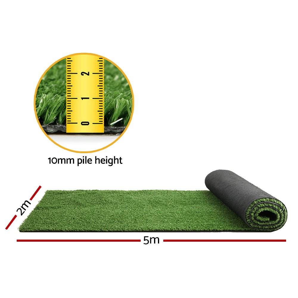 Prime Turf Artificial Grass 2mx5m 10mm Synthetic Fake Lawn Turf Plant Plastic Olive - Outdoorium