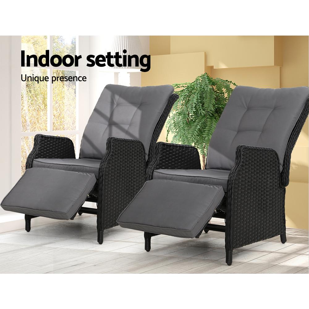Recliner Chairs Sun lounge Outdoor Furniture Setting Patio Wicker Sofa Black 2pcs - Outdoorium