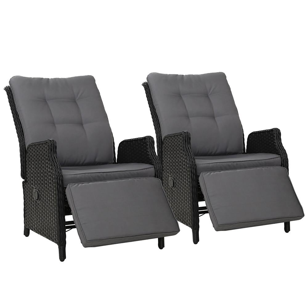 Recliner Chairs Sun lounge Outdoor Furniture Setting Patio Wicker Sofa Black 2pcs - Outdoorium