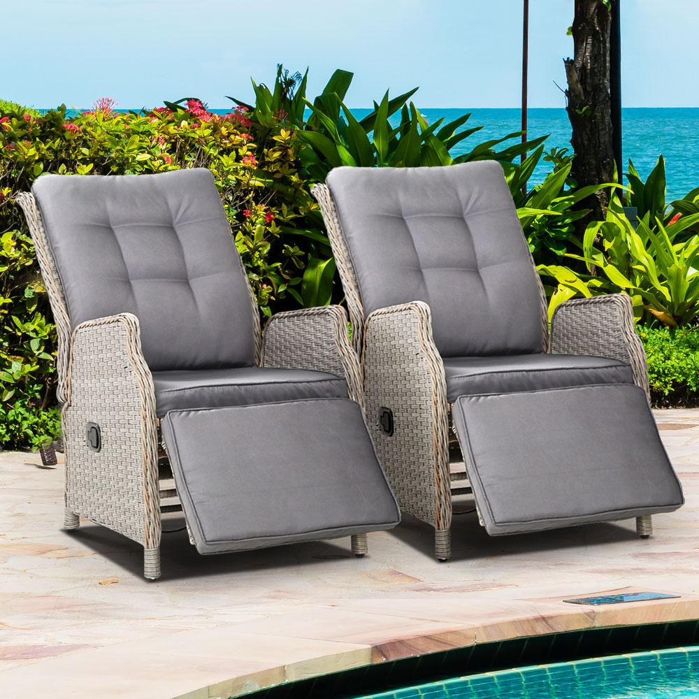 Recliner Chairs Sun lounge Outdoor Furniture Setting Patio Wicker Sofa Grey 2pcs - Outdoorium