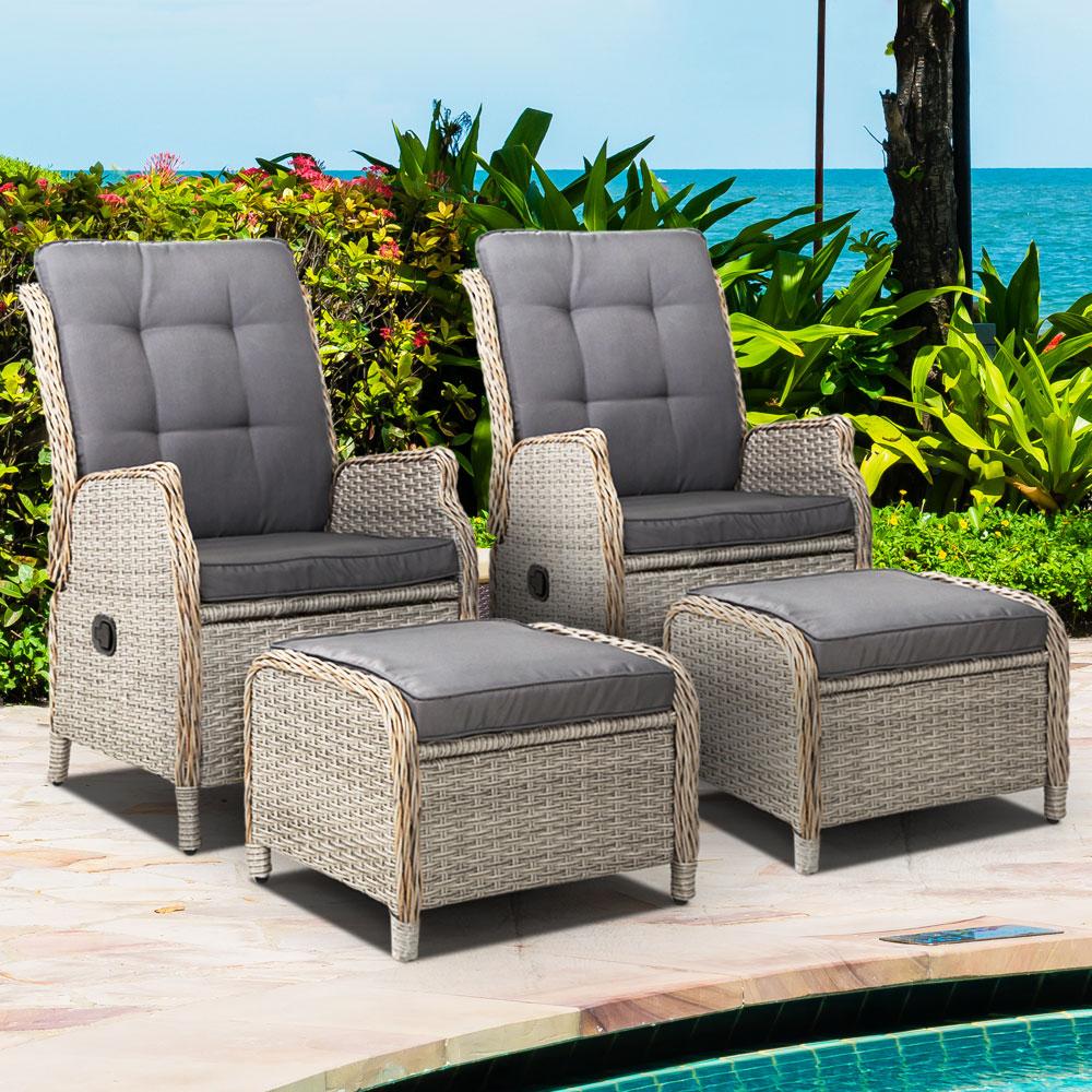 Recliner Chairs Sun lounge Outdoor Patio Furniture Wicker Sofa Lounger 2pcs - Outdoorium