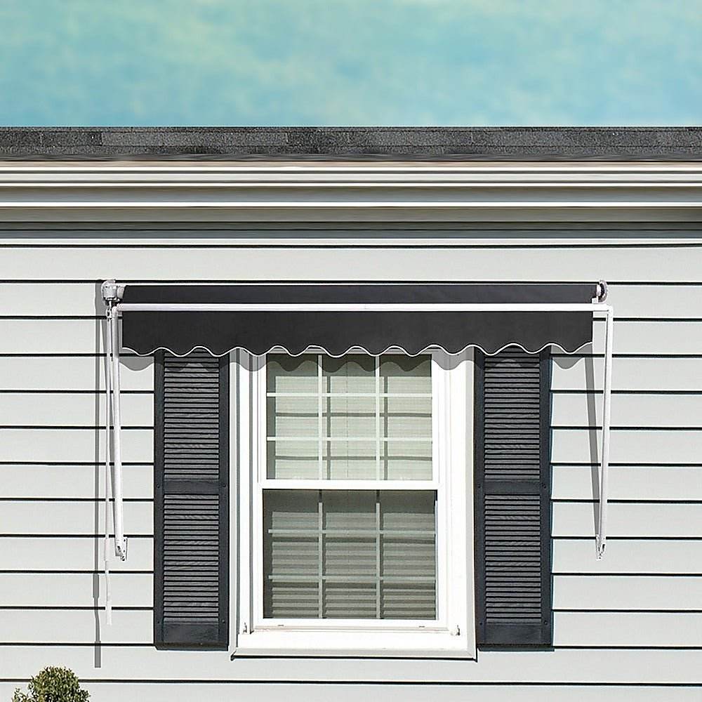 Retractable Fixed Pivot Arm Window Awning Garden Blinds 2.4m x 2.1m Grey - Outdoorium