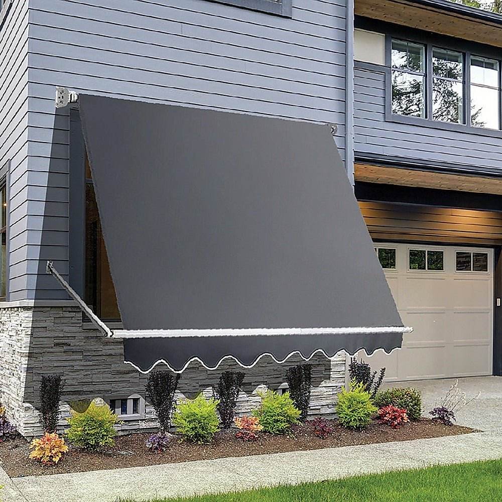 Retractable Fixed Pivot Arm Window Awning Garden Blinds 2.4m x 2.1m Grey - Outdoorium