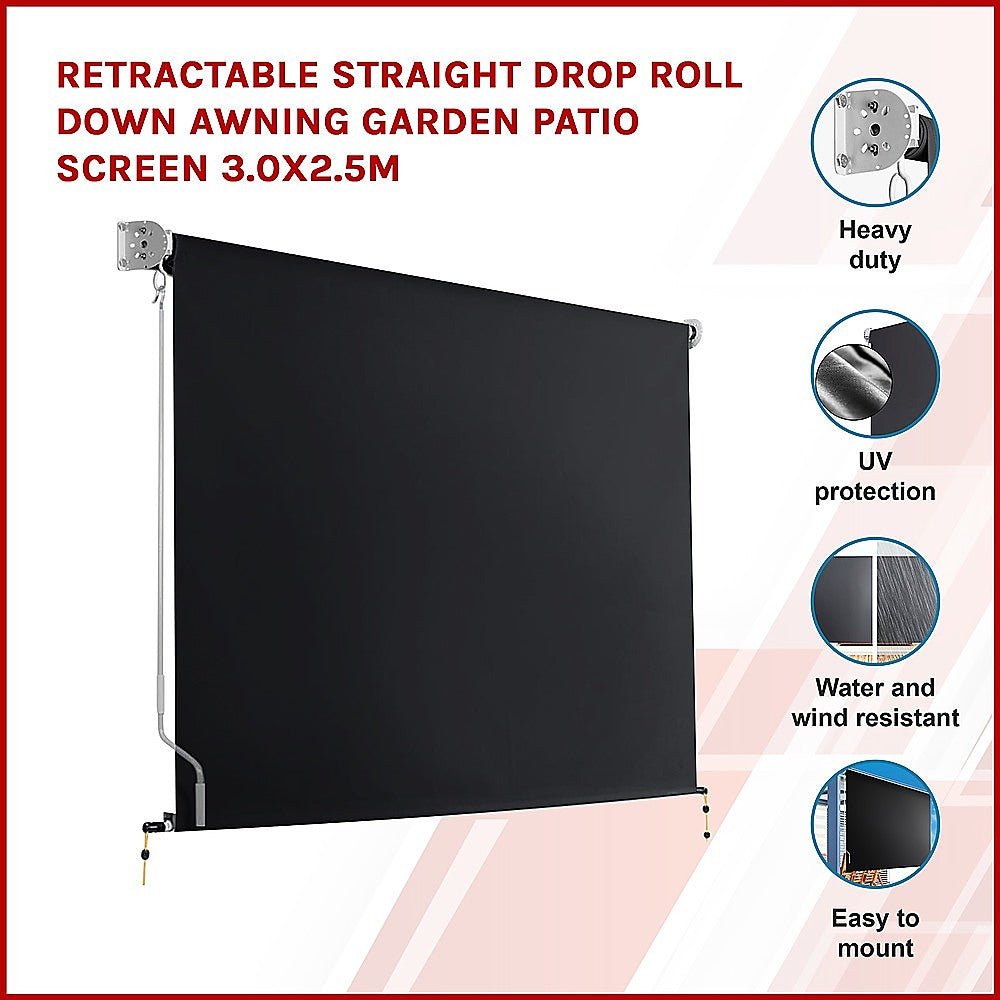 Retractable Straight Drop Roll Down Awning Garden Patio Screen 3.0X2.5M - Outdoorium