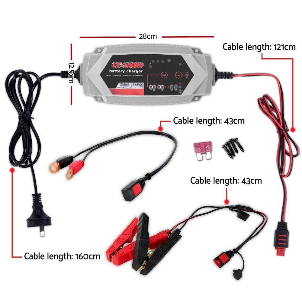 Smart Battery Charger 15A 12V 24V Automatic SLA AGM Car Truck Boat Motorcycle Caravan - Outdoorium