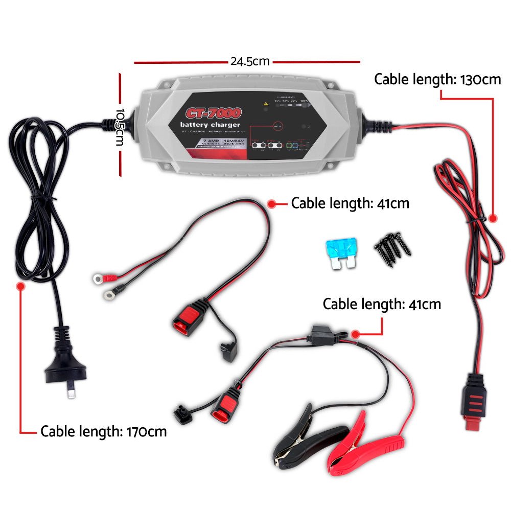 Smart Battery Charger 7A 12V 24V Automatic SLA AGM Car Truck Boat Motorcycle Caravan - Outdoorium