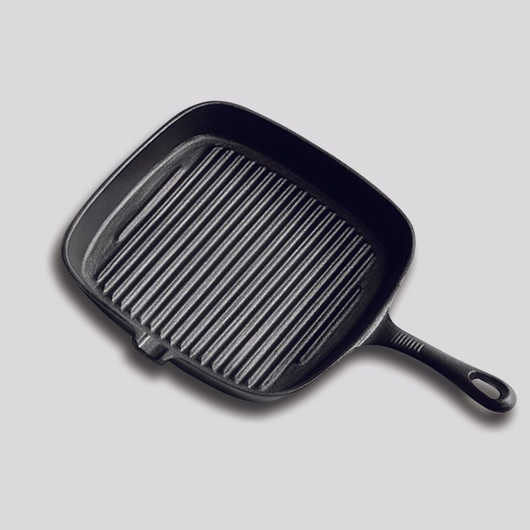 SOGA 23.5cm Square Ribbed Cast Iron Frying Pan Skillet Steak Sizzle Platter with Handle - Outdoorium